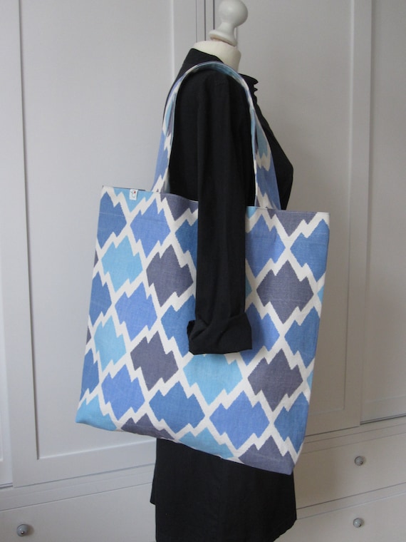 large tote bag | upcycling | blue diamond pattern