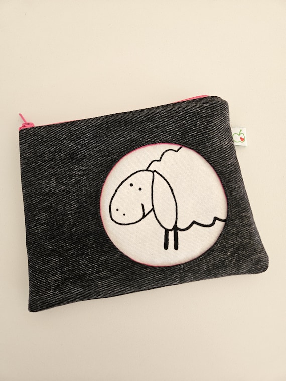 Cosmetic bag made of denim | Small makeup bag with sheep | Upcycled
