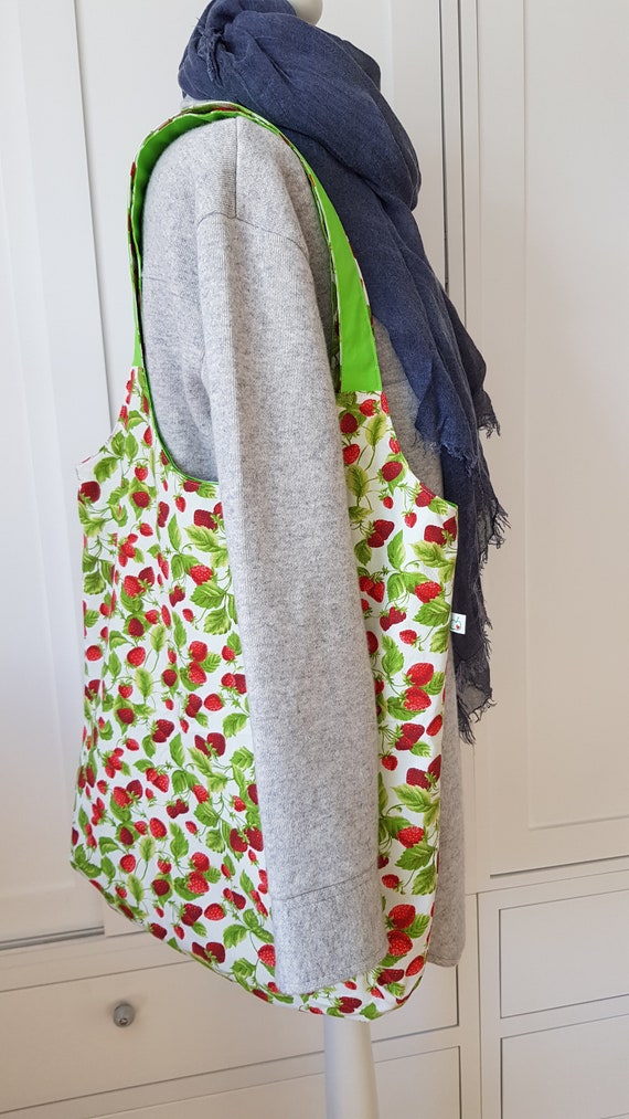 large tote bag with strawberry pattern | upcycling