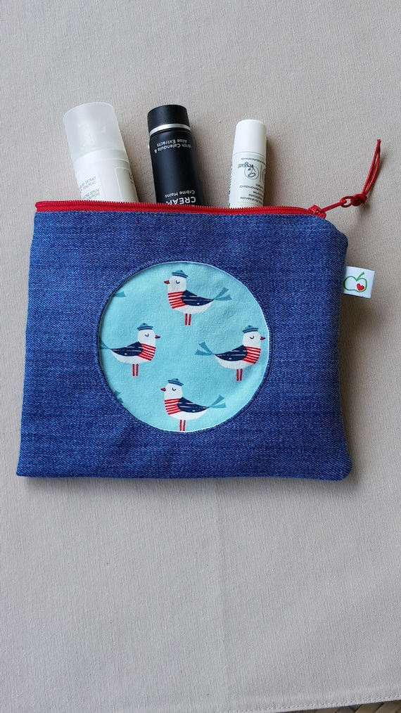 maritime cosmetic bag made of denim I upcycled