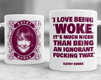 Kathy Burke met citaatmok / cabaretier / grappig / Britse komedie / wit / koffie
