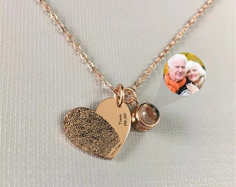 Fingerprint Projection Necklace•Fingerprint Jewelry Custom photo•Handwritten/palm print necklace•Peach heart pendant•Engraved Prints