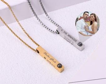 Custom Projection photo necklace,Groomsmen necklace,Bridesmaid gifts,Custom Text Bar Necklace,memorial Necklace,Engraved on 4 sides