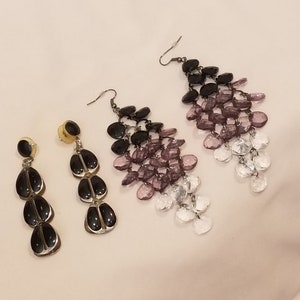 2 Pair Dangle Drop Earrings - Black, Grey, Clear Crystals - Silvertone Setting