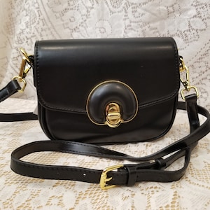 Black Faux Leather Purse Handbag with Gold-tone Accents and Two Detachable Straps