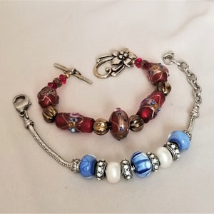 Two 7&quot; Beaded Bracelets - Blue/White/Silver and Burgundy/Gold