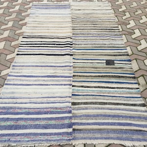 Op de afbeelding: Een rechthoekig, gestreept vloerkleed met een patchwork-ontwerp. Het vloerkleed heeft afwisselende secties van horizontale strepen in verschillende kleuren, waaronder blauw, zwart, grijs en beige. Het vloerkleed is gemaakt van een geweven materiaal en heeft een getextureerd uiterlijk.