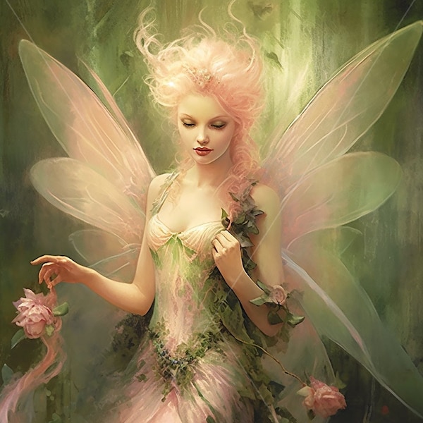 Fairy Digital download - Enchanted Angelic Pink & Green Fantasy - AI Art Print Printable Image stock photo PNG