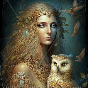 Digital download - Ethereal Goddess of Wisdom with Owl Spiritual - AI Generated Art Print Printable Poster Image Stock photo PNG