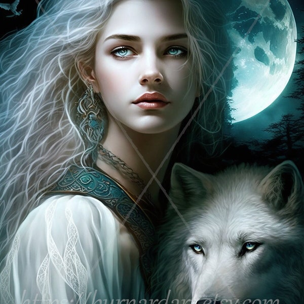 Digital download - Beautiful Fair-haired Woman with a White Wolf - AI Generated Art Print Printable Poster Image Stock photo PNG