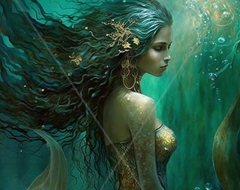 Digital download - Beautiful Mermaid with tail in sea long hair Illustration - AI Generated Art Print Printable Poster Image Stock photo PNG