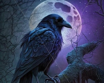 Digital download - Raven with a full moon Celestial - AI Generated Art Print Printable Poster Image Stock photo PNG