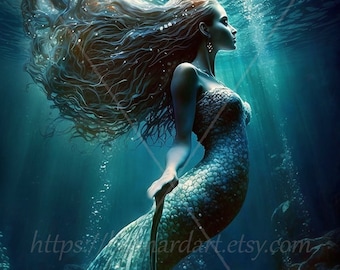 Digital download - Beautiful Mermaid with tail in sea long hair Illustration - AI Generated Art Print Printable Poster Image Stock photo PNG