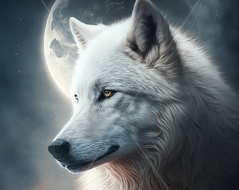 Digital download - White Greenland Wolf Canis Lupus Orion - full moon background - AI Generated Art Print Printable Image Stock photo PNG