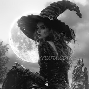 Witchy Moon Woman Descarga digital - Halloween Black Witch Fantasy - Impresión de arte generada por AI Imagen de póster imprimible foto de archivo JPG