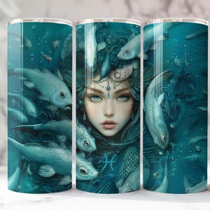 Tumbler Wrap 20oz Seamless Digital Art Download | Letnia dziewczyna z Rybami i symbolem astrologicznym | 9,3" x 8,2" (prosty) 300 dpi PNG
