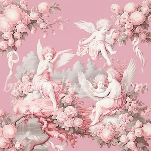 Digital download - Toile Decoupage Pink Grey & White Floral Cherubs - AI Generated Art Print Printable Poster Image Stock Photo JPG