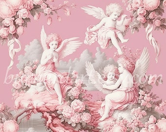 Digital download - Toile Decoupage Pink Grey & White Floral Cherubs - AI Generated Art Print Printable Poster Image Stock Photo JPG