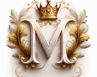 Digital download - Letter M Crown on Whitish Background Alphabet Initials Monogram - AI Generated Art Print Printable Image Stock photo PNG