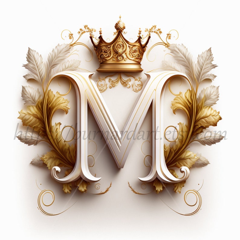 Digital download Letter M Crown on Whitish Background Alphabet Initials Monogram AI Generated Art Print Printable Image Stock photo PNG zdjęcie 1