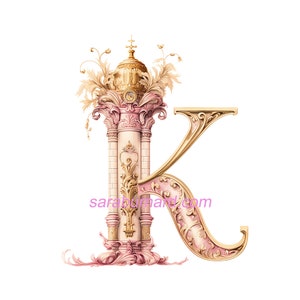 Letra mayúscula K Descarga digital - Fondo transparente PNG Monograma de iniciales de corona de oro rosa - Imagen imprimible con impresión artística de AI
