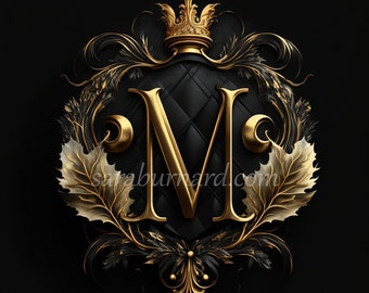 Letter M Digital download - with Crown on Black Background Crest Emblem Initials Monogram - AI Art Print Printable Image Stock photo PNG