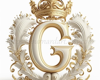 Digital download - Letter G Crown on Whitish Background Alphabet Initials Monogram - AI Generated Art Print Printable Image Stock photo PNG