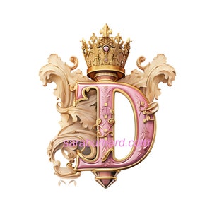Descarga digital de la letra mayúscula D - Fondo transparente PNG Monograma de iniciales de corona de oro rosa - Imagen imprimible con impresión artística de AI