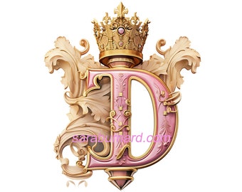 Letter D Digital download - Transparent background PNG Pink Gold Crown Initials Monogram - AI Generated Art Print Printable Image photo