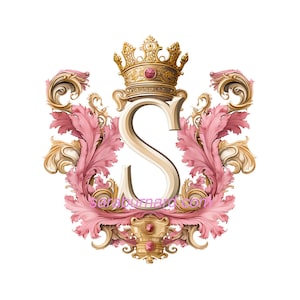 Letra maiúscula S Download digital - Fundo transparente PNG Iniciais da coroa de ouro rosa Monograma - Imagem de impressão de arte AI para impressão