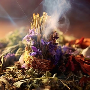Digital download - Spiritual Cleansing - Smudging Sage Herbs Flowers - Holy Smoke - AI Art Print Printable Poster Image Stock photo PNG