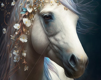 Digital download - White Horse with Wildflowers in its Mane - AI Generated Art Print Printable Poster Image Stock photo PNG