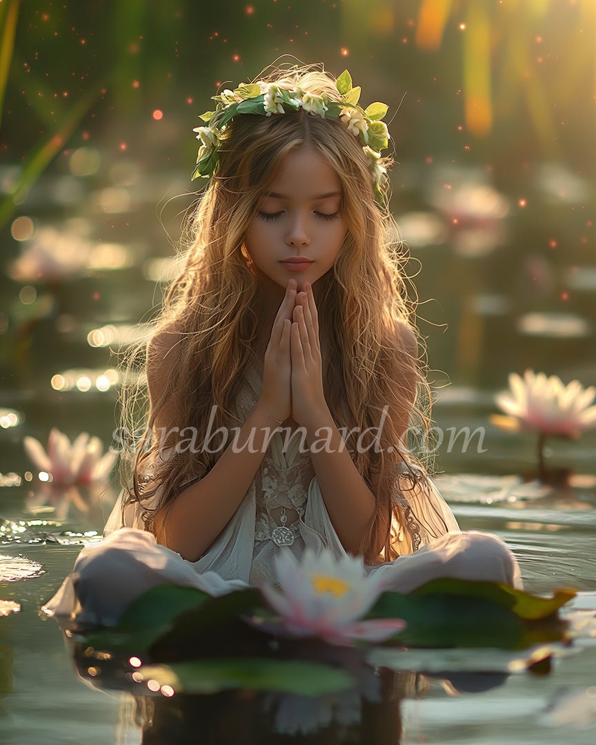 Téléchargement numérique - fille aux cheveux blonds priant, méditant - fleurs de lotus - affiche imprimable impression d'art IA image stock photo JPG