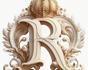 Digital download - Letter R Crown on Whitish Background Alphabet Initials Monogram - AI Generated Art Print Printable Image Stock photo PNG