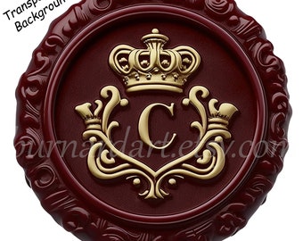 Digitaler Download - Rotes Wachssiegel Buchstabe C Initialen Goldkrone Monogramm Einladungen Hochzeit - AI Kunstdruck druckbares Bild Foto PNG