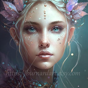 Bejeweled Pixie Girl Digital download - Pixies Fantasy Avatar - AI Art Print Printable Poster Image stock photo PNG
