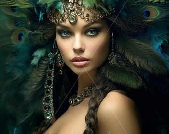 Woman with Peacock feathered Headpiece Digital download - Fantasy - AI Generated Art Print Printable Poster Image Stock photo PNG