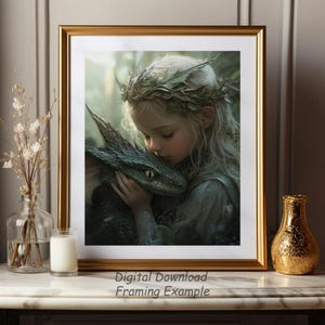 Dragon and a Little Girl - Digital Print Download - Mythical Fantasy Portrait - AI Printable Wall Art Photo JPG