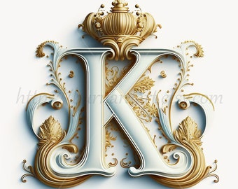 Téléchargement numérique - lettre K couronne sur fond blanchâtre monogramme des initiales de l'alphabet - image imprimable impression image générée par AI photo PNG