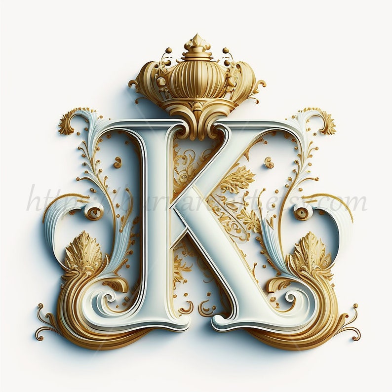 Digital Download Letter K Crown on Whitish Background Alphabet Initials Monogram AI Generated Art Print Printable Image Stock photo PNG image 1