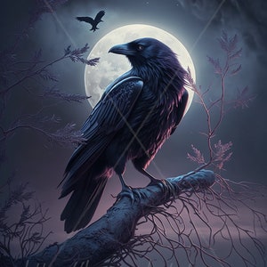Digital download - Raven with a full moon Celestial - AI Generated Art Print Printable Poster Image Stock photo PNG