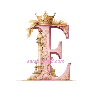Letra mayúscula E Descarga digital - Fondo transparente PNG Monograma de iniciales de corona de oro rosa - Imagen imprimible con impresión artística de AI