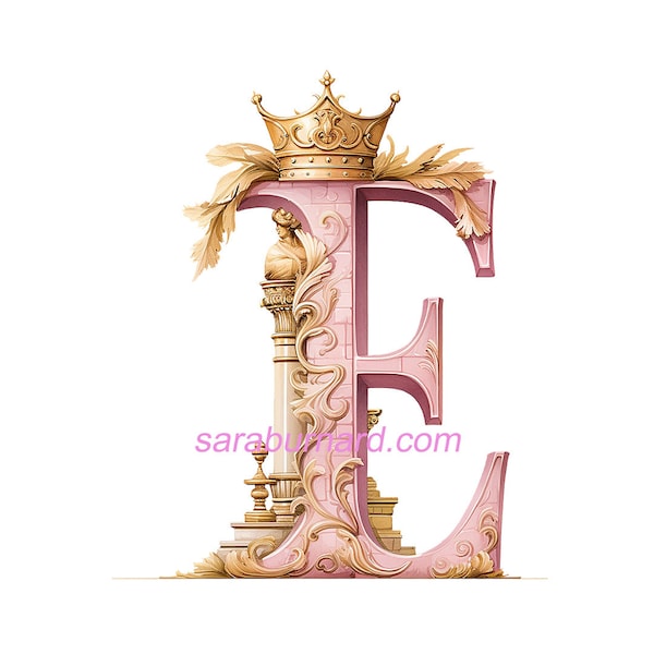 Letter E Digital download - Transparent background PNG Pink Gold Crown Initials Monogram - AI Generated Art Print Printable Image photo