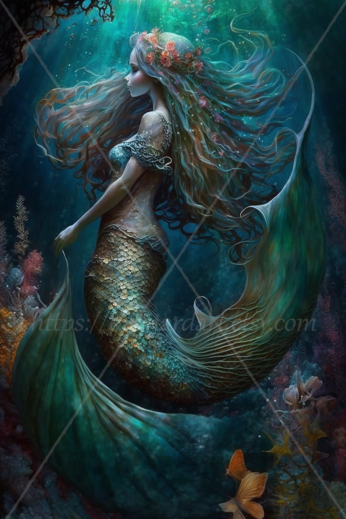 Digital Download Beautiful Mermaid With Tail in Sea Long Hair Illustration  AI Generated Art Print Printable Poster Image Stock Photo PNG - Etsy