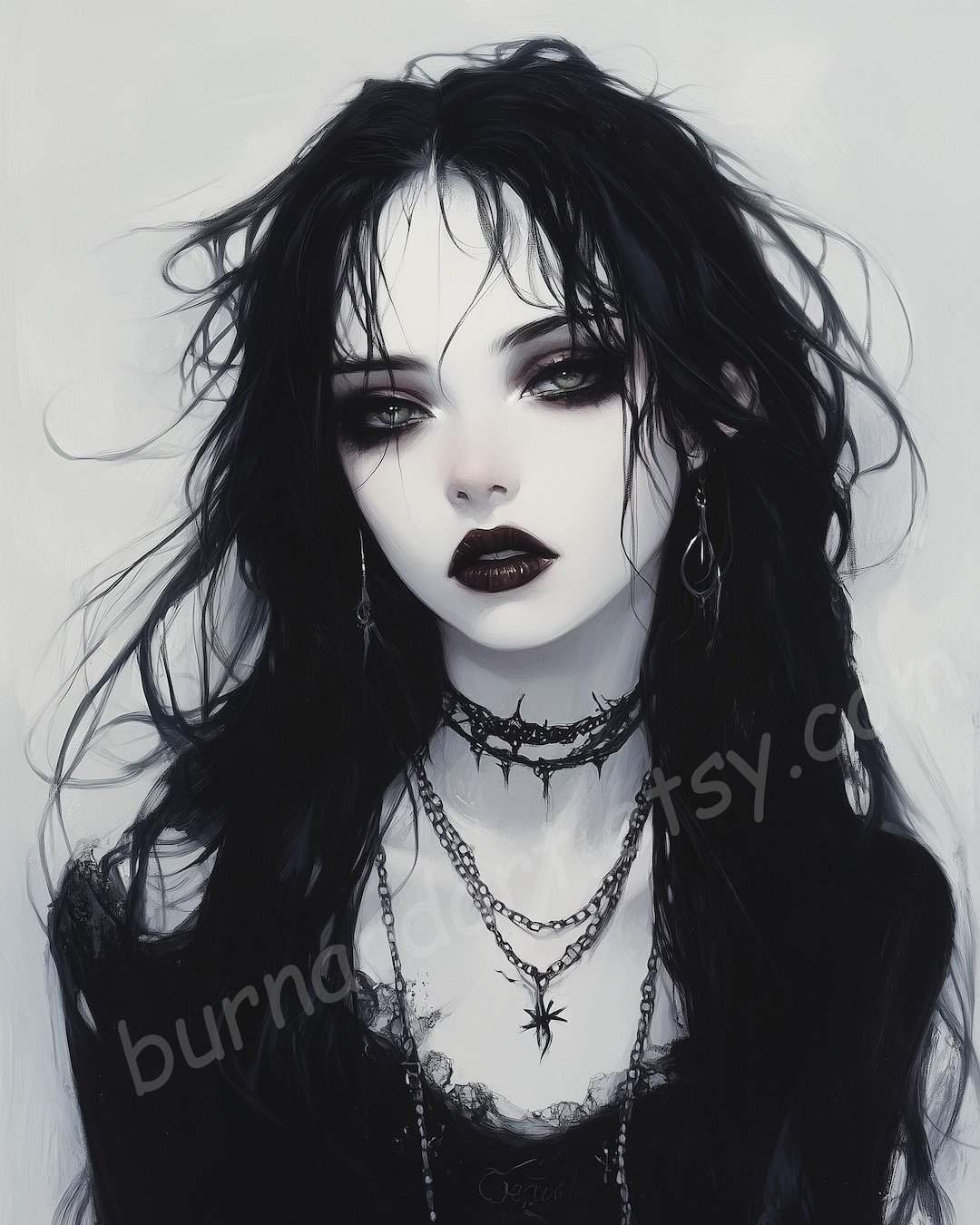 goth-girl-black-and-white-digital-print-download-dark-fantasy