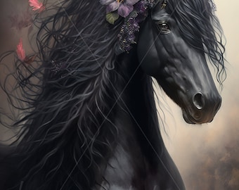 Digital download - Black Horse with Wildflowers in its Mane - AI Generated Art Print Printable Poster Image Stock photo PNG