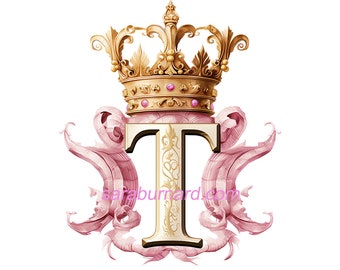 T Capital Letter Digital download Transparent background PNG Pink Gold  Crown Initials Monogram AI Art Print Printable Image photo