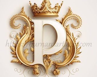 Digital Download Letter P Crown on Whitish Background Alphabet Initials  Monogram AI Generated Art Print Printable Image Stock Photo PNG 