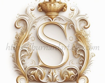 Digital download - Letter S Crown on Whitish Background Alphabet Initials Monogram - AI Generated Art Print Printable Image Stock photo PNG