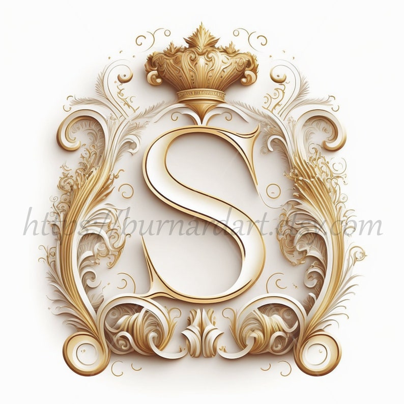 Digitaler Download Buchstabe S Krone auf weißem Hintergrund Alphabet Initialen Monogramm AI-generierter Kunstdruck druckbares Bild Foto PNG Bild 1